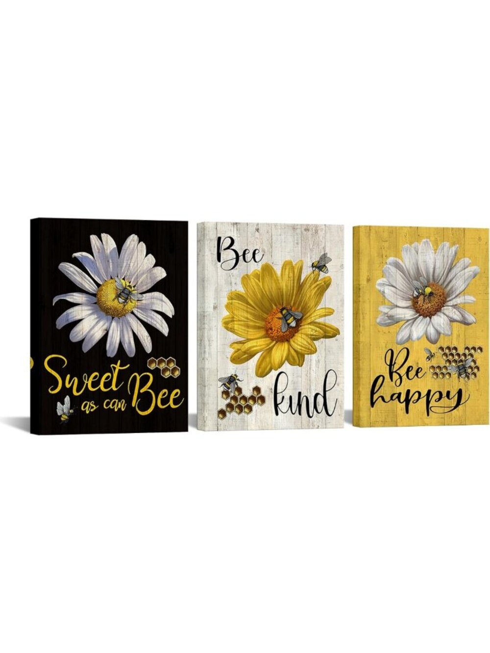 Bee Happy Canvas Wall Art Set - Floral & Bee Kitchen Decor, 3-Piece Framed